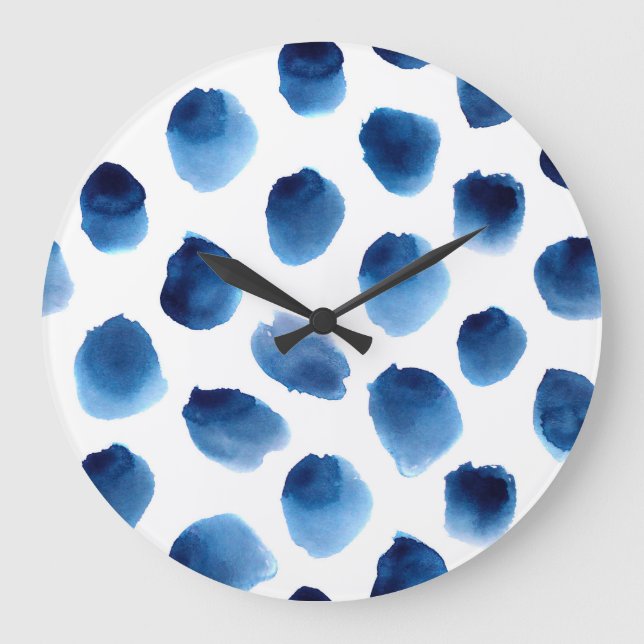 Watercolor Blue Dots: Hand Painted Seamless Large Clock (Front)