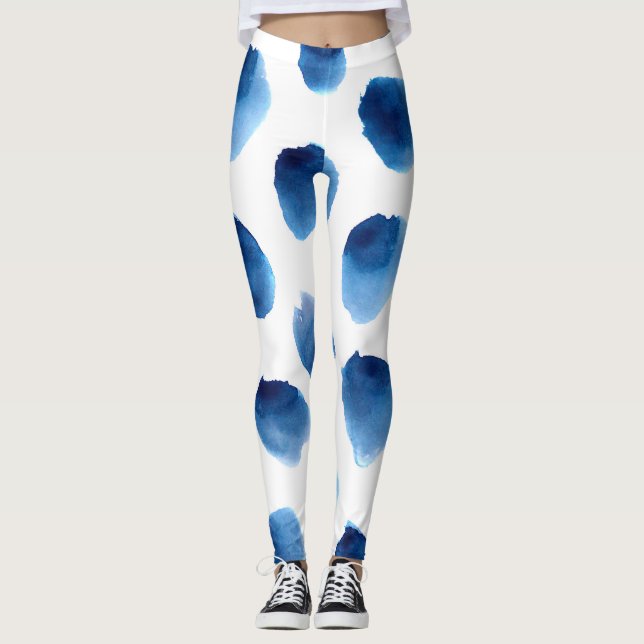 Watercolor Blue Dots: Hand Painted Seamless Leggings (Front)