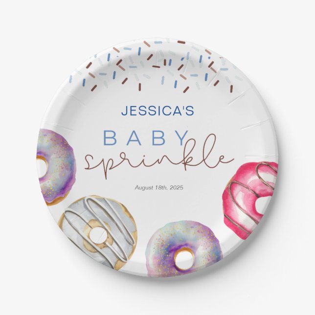 Watercolor blue Doughnuts Baby Sprinkle Shower  Paper Plate (Front)