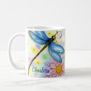 Watercolor Blue Dragonfly, Personalize Coffee Mug