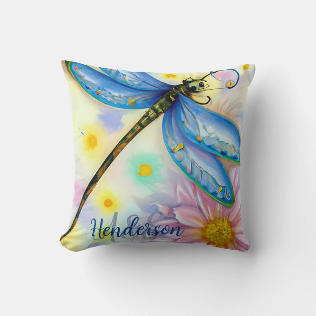 Watercolor Blue Dragonfly, Personalize Doormat Throw Pillow (Front)