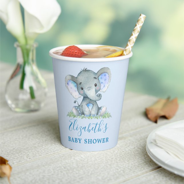 Watercolor Blue Elephant Baby Shower Paper Cups (Insitu)