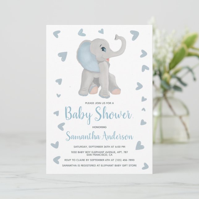 Watercolor Blue Elephant Boy Baby Shower Photo Invitation (Standing Front)