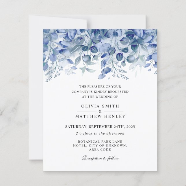 Watercolor blue eucalyptus wedding invitation (Front)