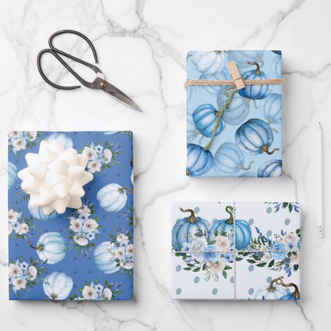 WATERCOLOR BLUE FALL AUTUMN PUMPKINS & FLOWERS WRAPPING PAPER SHEET (Front)