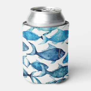 Watercolor Blue Fish   Ocean Coastal Drink Sleeve Can Cooler