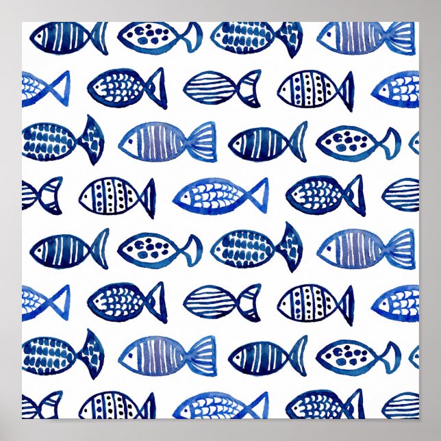 Watercolor blue fish pattern print. Sea animal art Poster (Front)