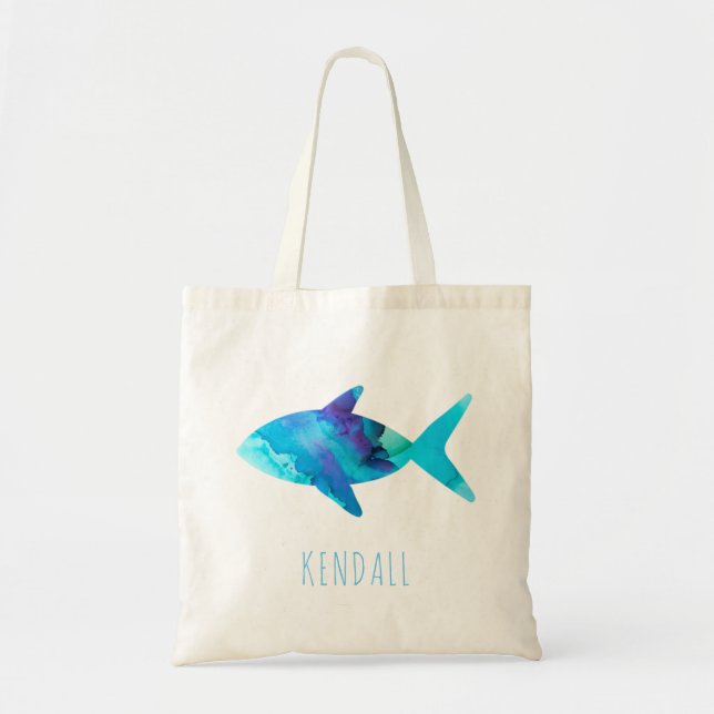 Watercolor Blue Fish Sea Life Kids Personalized Tote Bag (Front)