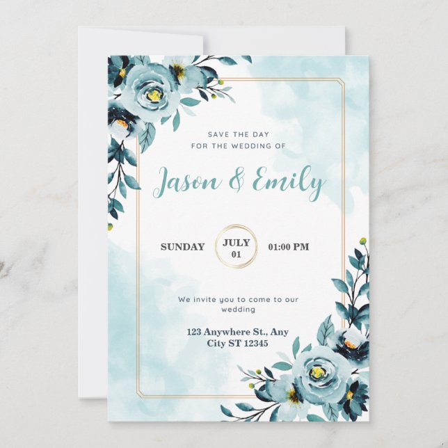 Watercolor blue flora elegant wedding invitation (Front)
