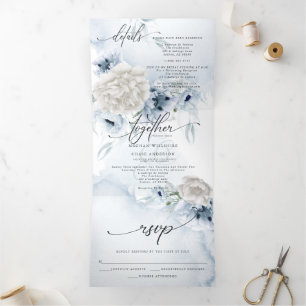 Watercolor Blue Floral ALL IN ONE WEDDING  Tri-Fold Invitation
