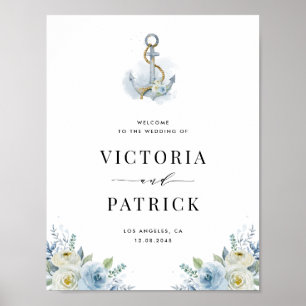 Watercolor Blue Floral Anchor Nautical Wedding Poster