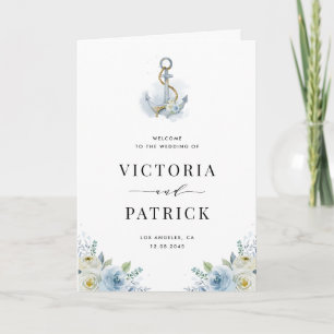 Watercolor Blue Floral Anchor Nautical Wedding Program