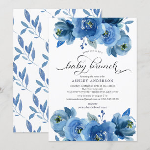 Watercolor Blue Floral Baby Brunch Invitation