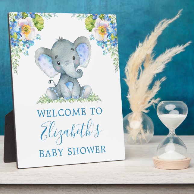 Watercolor Blue Floral Baby Elephant Baby Shower Plaque (Side)