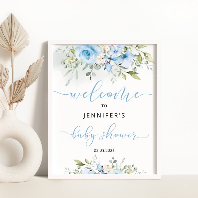 Watercolor blue floral baby shower welcome sign (Creator Uploaded)