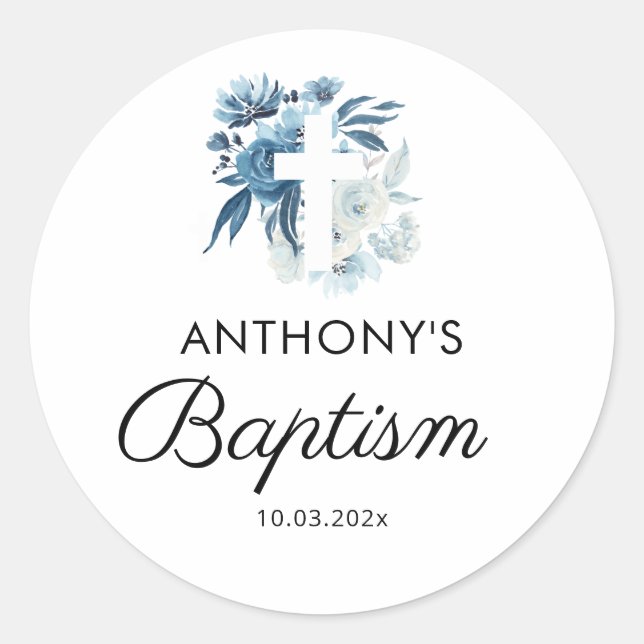 watercolor blue floral baptism classic round sticker (Front)