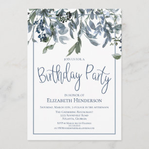 Watercolor Blue Floral Birthday Party Invitation