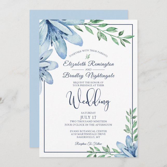 Watercolor Blue Floral Bloom & Greenery Wedding Invitation (Front/Back)