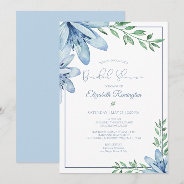 Watercolor Blue Floral Blooms Bridal Shower Invitation (Front/Back)
