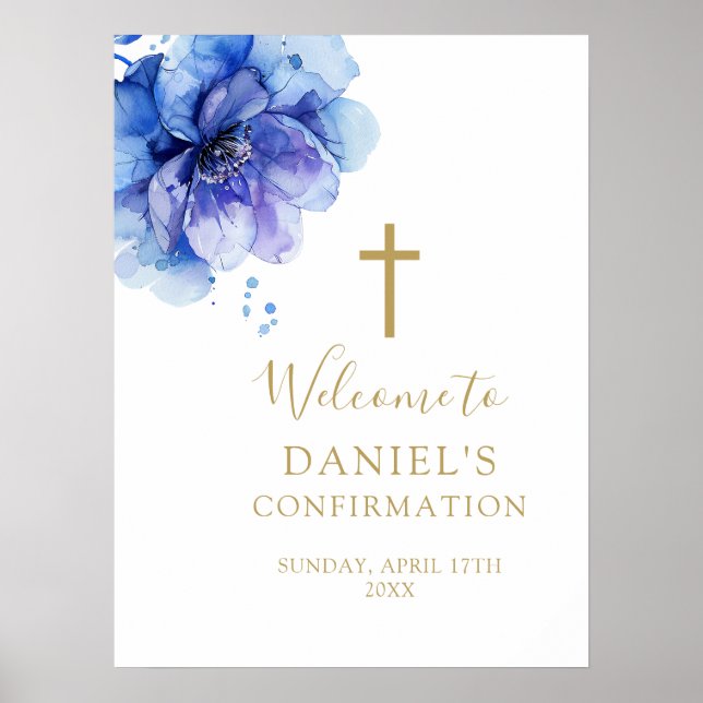 Watercolor Blue Floral Confirmation Welcome Sign (Front)