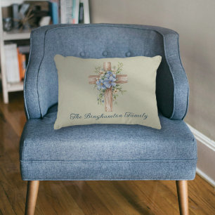 Watercolor Blue Floral Cross Personalized Accent Pillow
