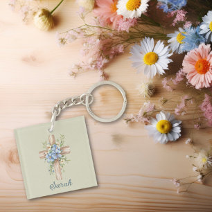 Watercolor Blue Floral Cross Personalized Keychain
