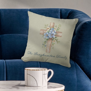 Watercolor Blue Floral Cross Personalized Throw Pillow