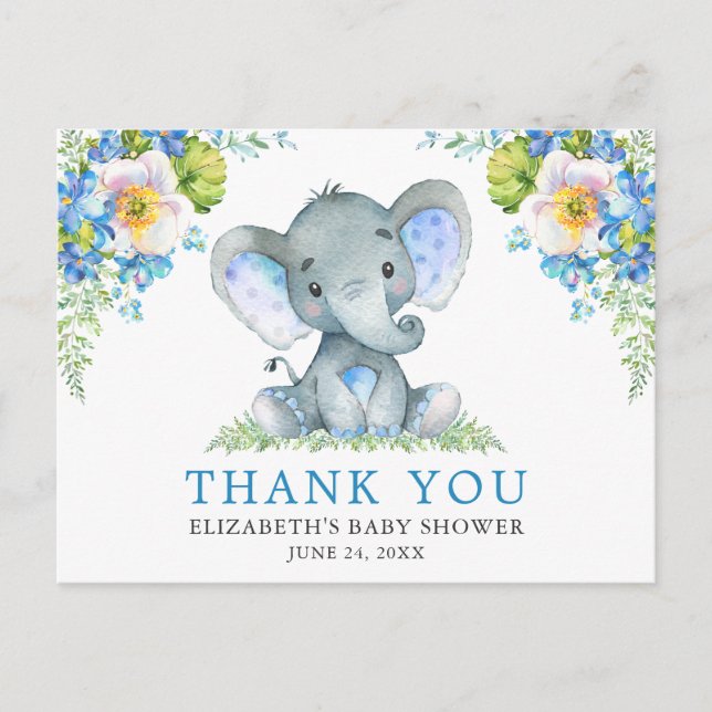 Watercolor Blue Floral Elephant Baby Shower Postcard (Front)