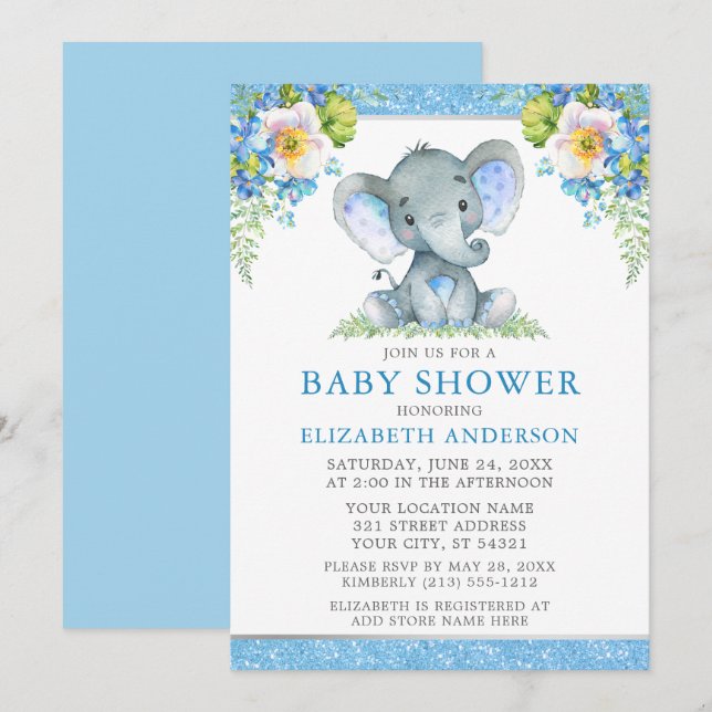 Watercolor Blue Floral Elephant Shower Glitter Invitation (Front/Back)