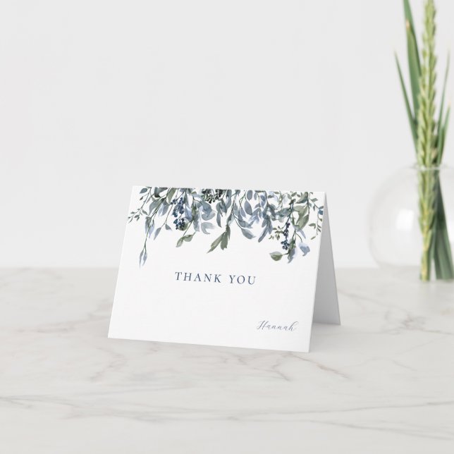 Watercolor Blue Floral Folded Thank You Note Card (Front)