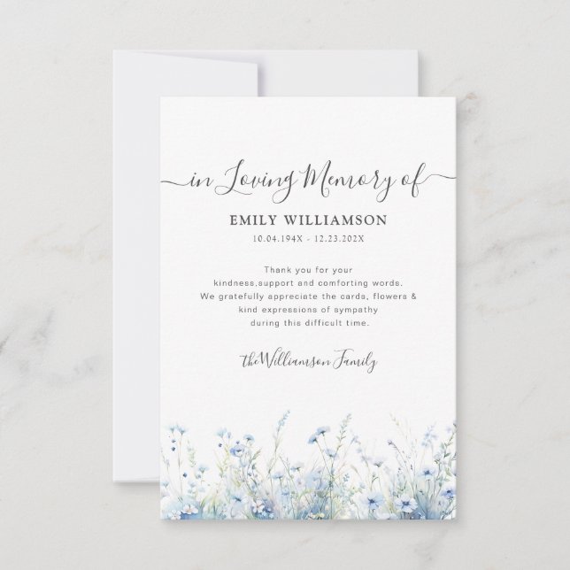 watercolor blue floral funeral thank you note (Front)