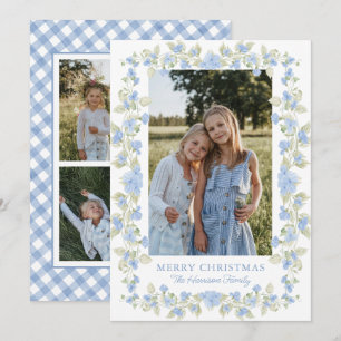 Watercolor Blue Floral Garland Christmas Photo Holiday Card