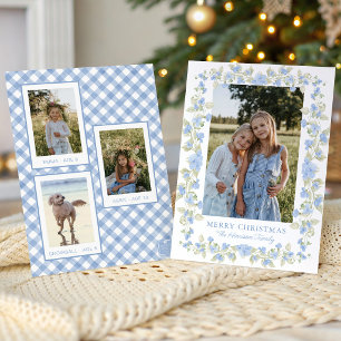 Watercolor Blue Floral Garland Christmas Photo Holiday Card
