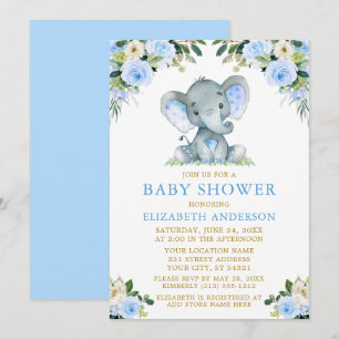 Watercolor Blue Floral Gold Baby Shower Elephant Invitation