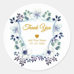 Watercolor Blue Floral & Gold Crest "Thank You" Classic Round Sticker
