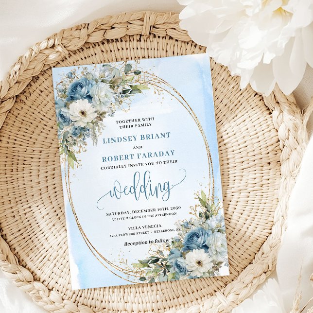 Watercolor Blue Floral Gold Frame Wedding Invite (Watercolor Blue Floral Gold Frame Wedding Invitation)
