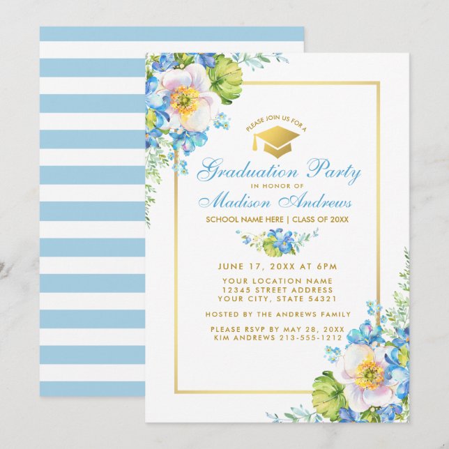 Watercolor Blue Floral Gold Grad Party Invite S (Front/Back)