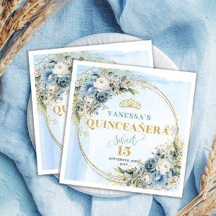 Watercolor Blue Floral Gold Quinceañera Napkins