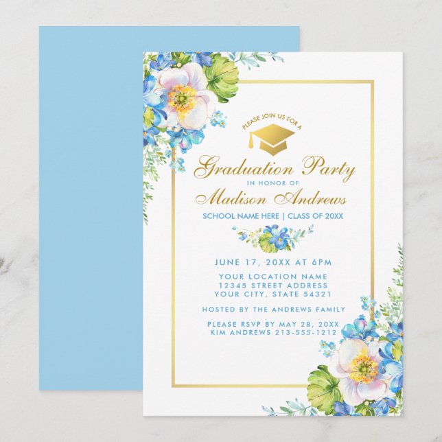 Watercolor Blue Floral Grad Party Gold Invite B (Front/Back)