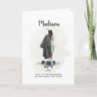 Watercolor Blue Floral Graduation Brunette Girl