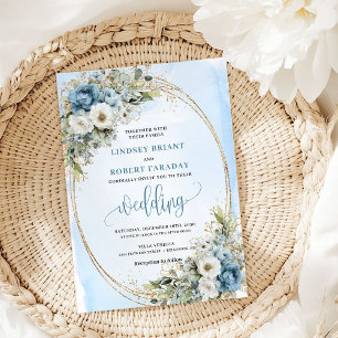 Watercolor Blue Floral Greenery Gold Wedding Invit Invitation