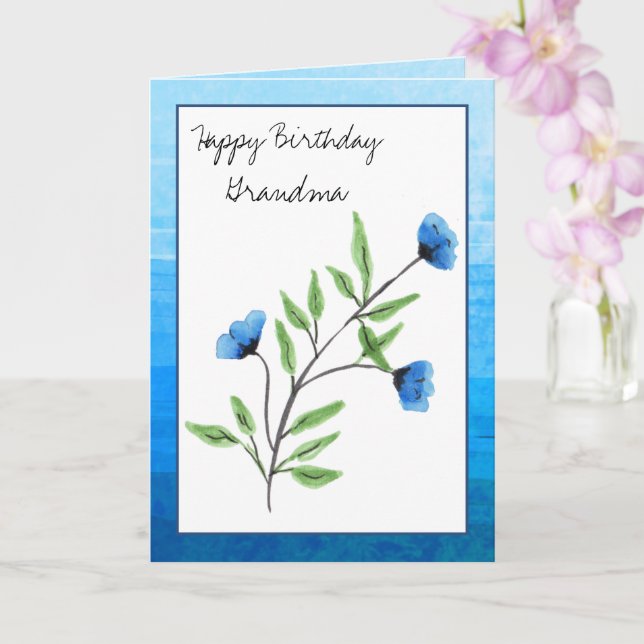 Watercolor Blue Floral Happy Birthday Grandma Card (Orchid)