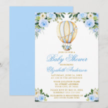 Watercolor Blue Floral Hot Air Balloon Baby Shower
