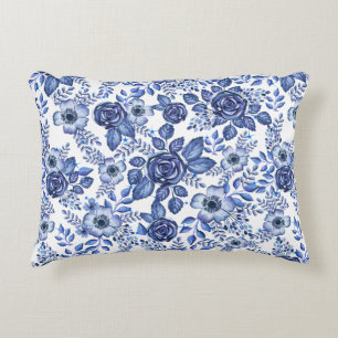 Watercolor Blue Floral pattern Accent Pillow