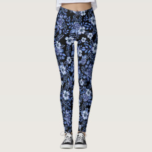 Watercolor Blue Floral pattern Black BG Leggings