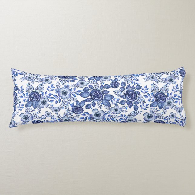 Watercolor Blue Floral pattern Body Pillow (Front)