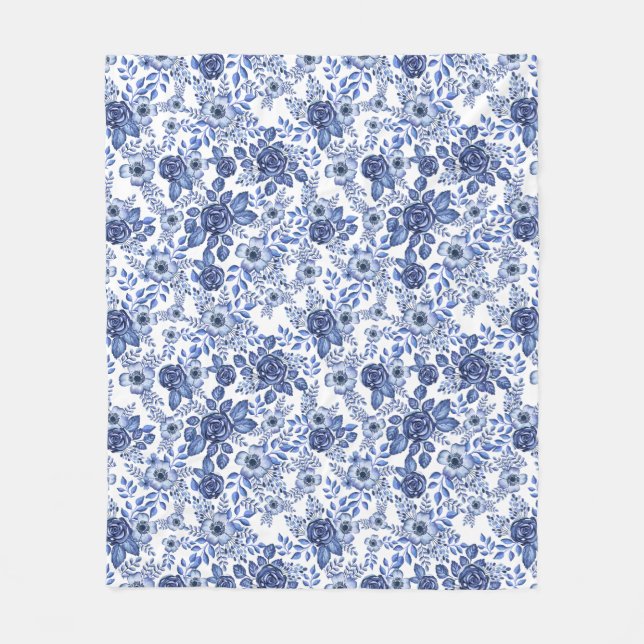 Watercolor Blue Floral pattern Fleece Blanket (Front)