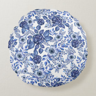 Watercolor Blue Floral pattern Round Pillow