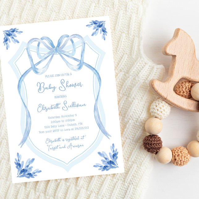 Watercolor Blue Floral Ribbon Crest Baby Shower Invitation (Creator Uploaded)