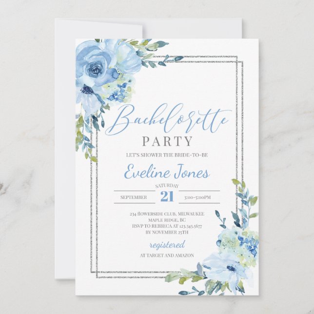 Watercolor blue floral silver glitter bachelorette invitation (Front)